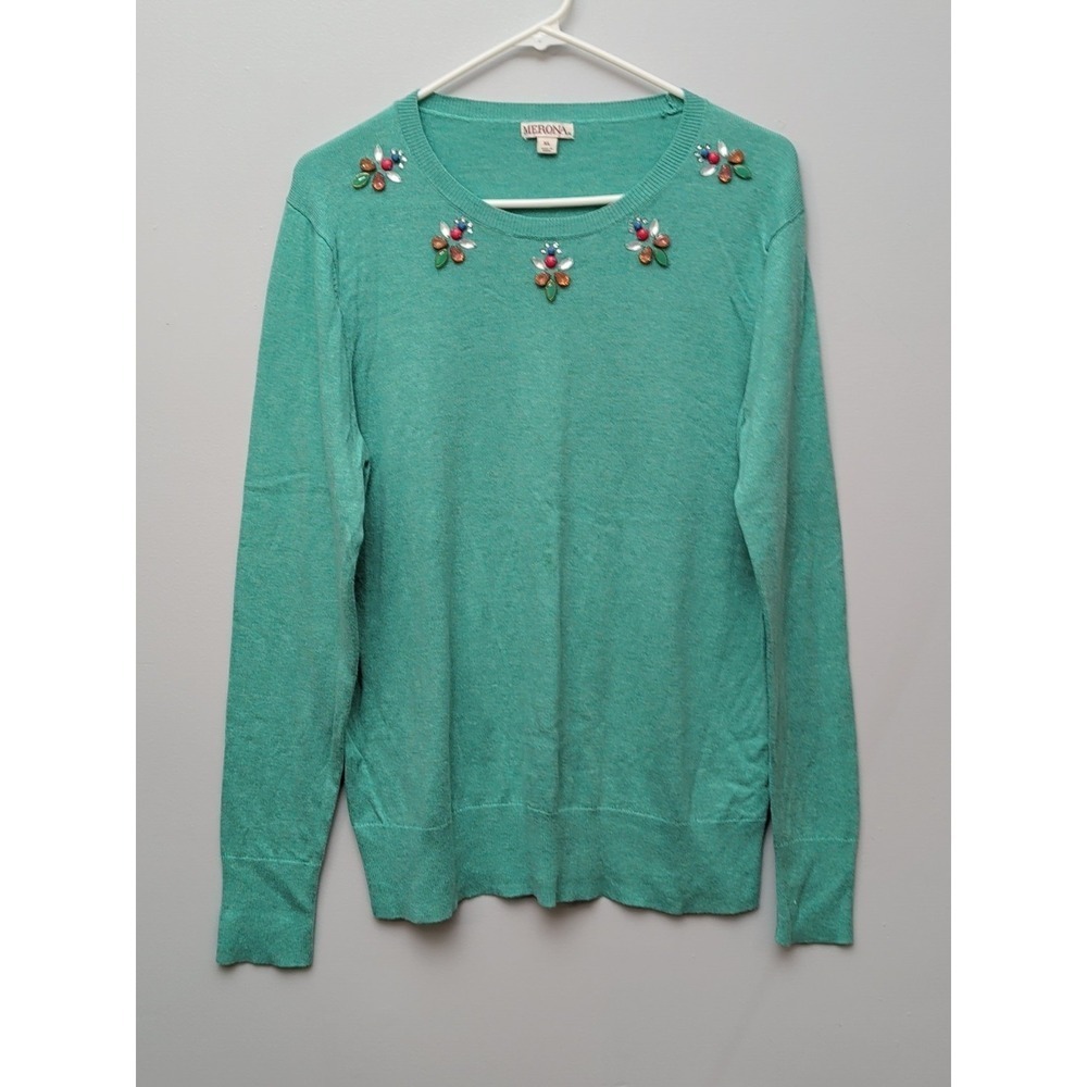 DR2 Merona Womens Sz XL Green Pullover Long Sleeve Sweater With Rhinestone Neck